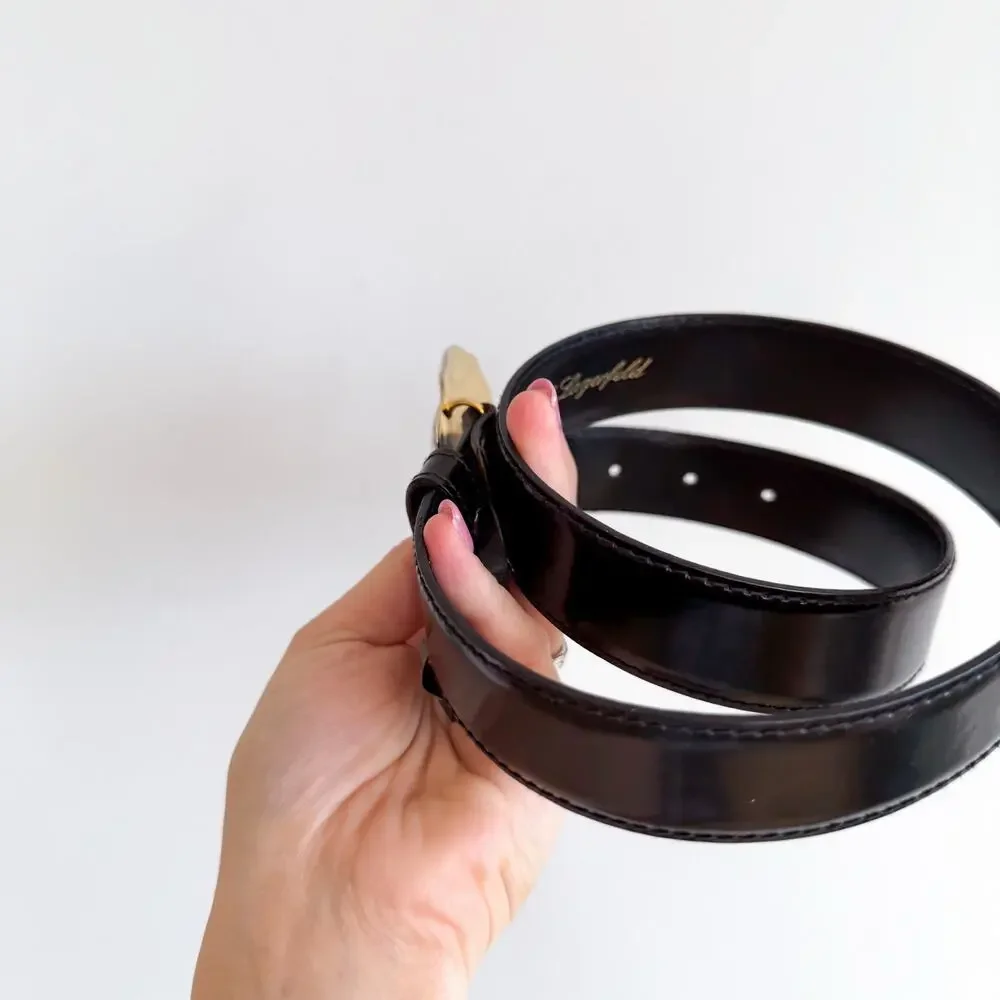 Vintage Karl Lagerfeld Paris Leather Logo Plate Buckle Adjustable Belt Black L